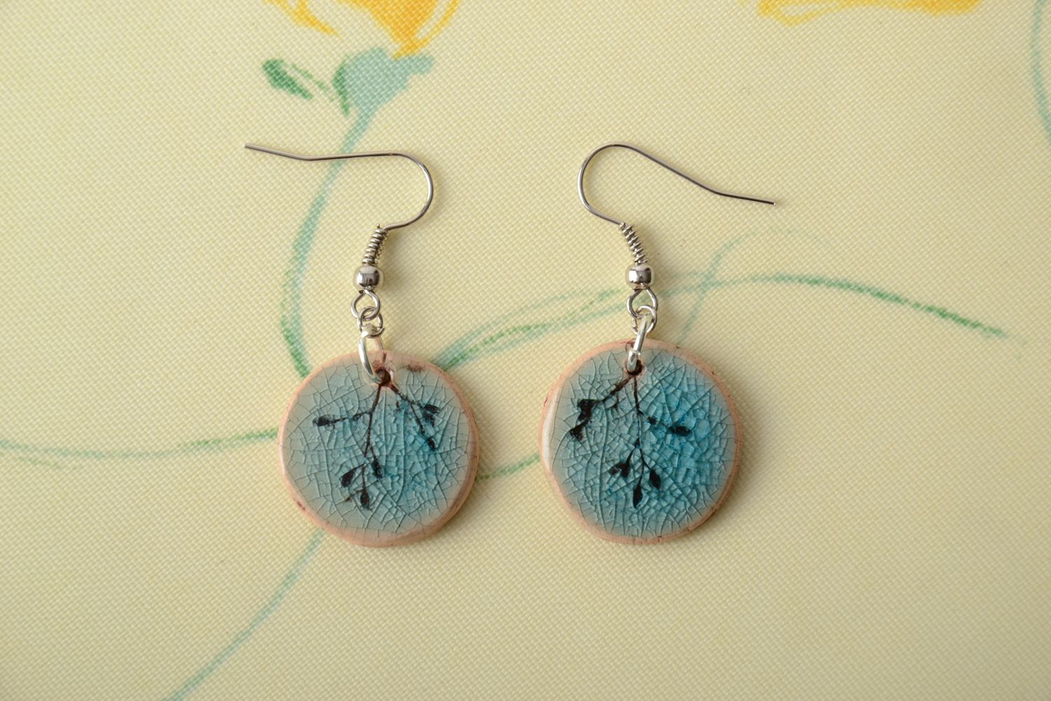 Ceramic earrings with print of plants photo 1