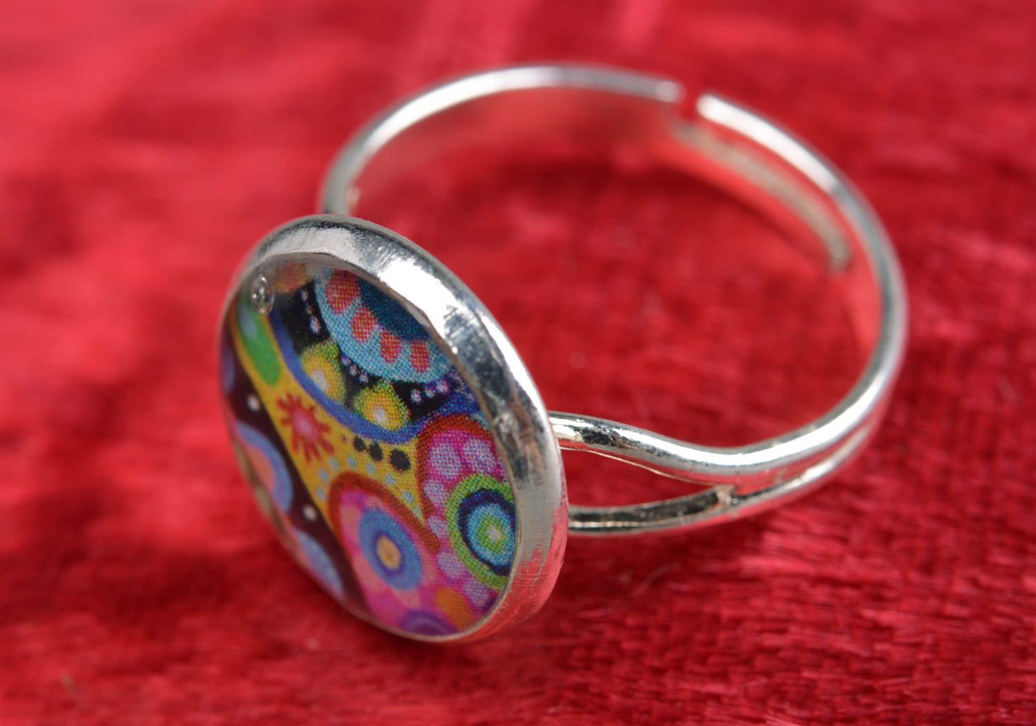 Beautiful colorful decoupage handmade designer epoxy ring of adjustable size photo 1