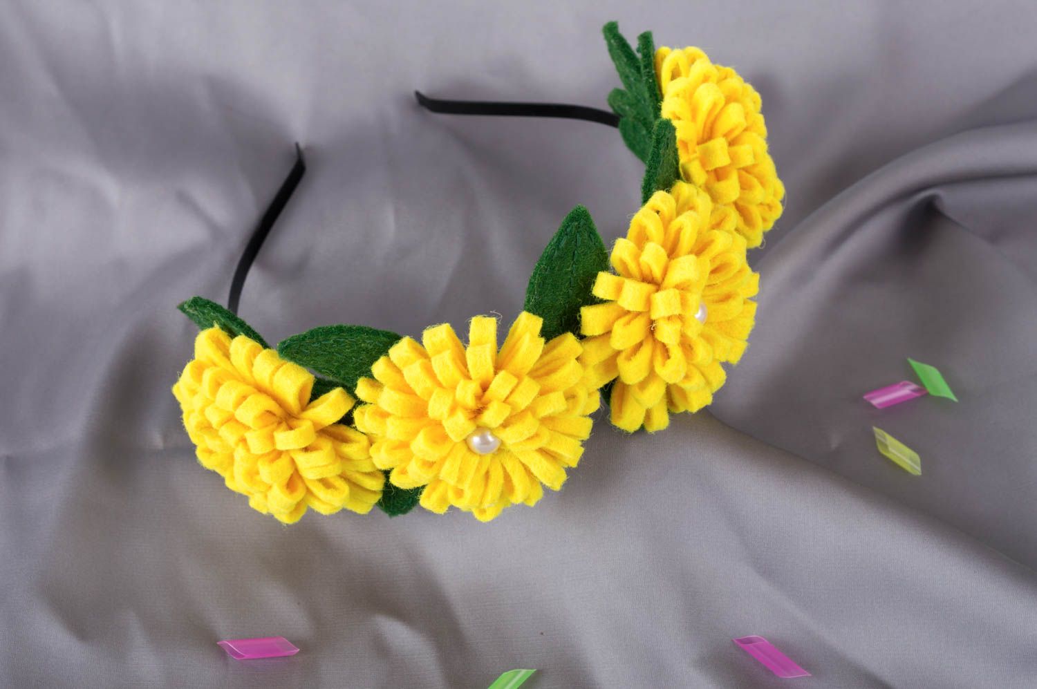 Serre tête fleur jaune fait main Bijoux de tete Accessoire cheveux fille photo 1