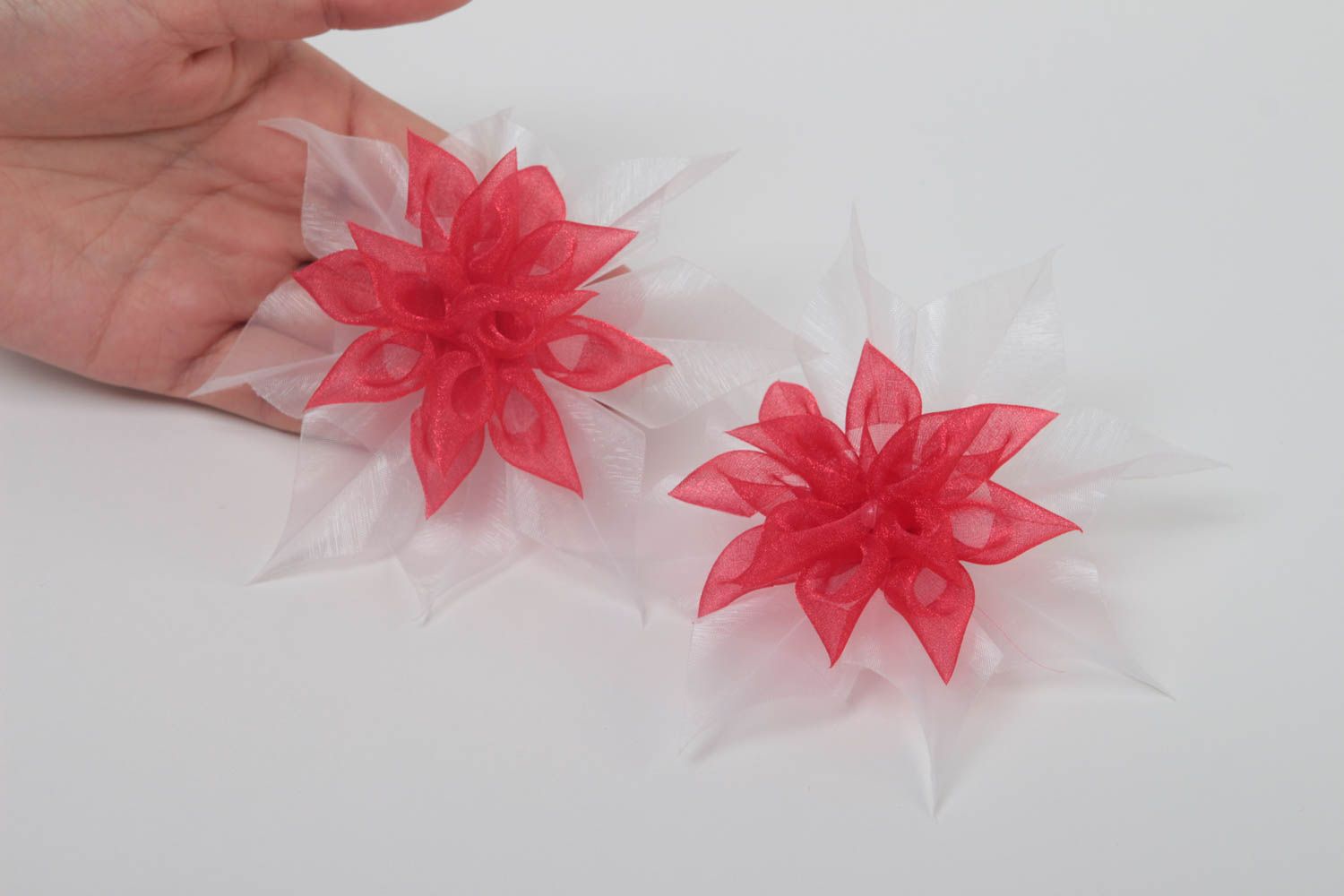 Резинки для волос в виде цветок набор из 2 штук белая с красным ручная работа фото 5