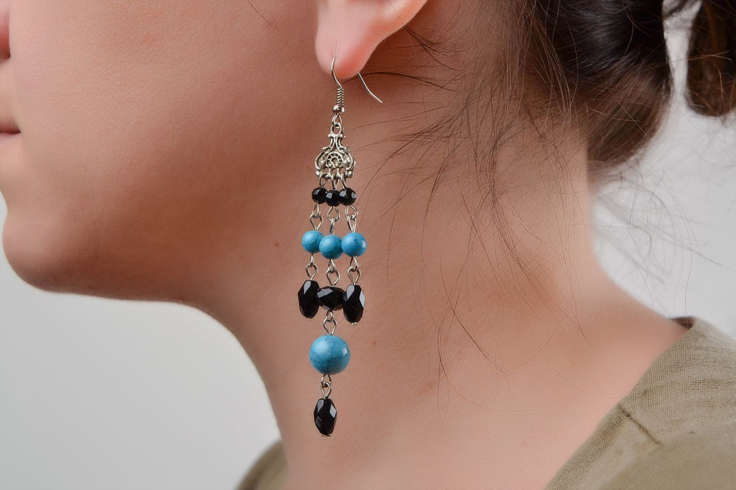 Handmade Czech glass earrings long black and blue female designer accessory photo 2
