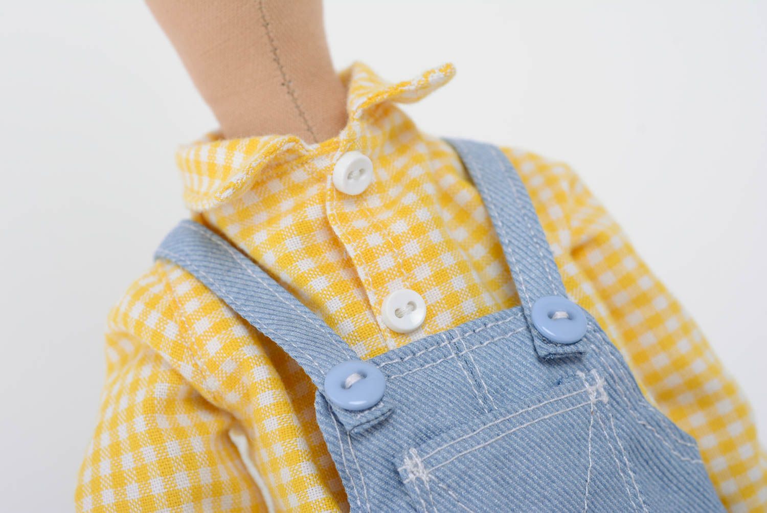 Beautiful small handmade fabric soft toy hare in overalls for interior decor photo 3