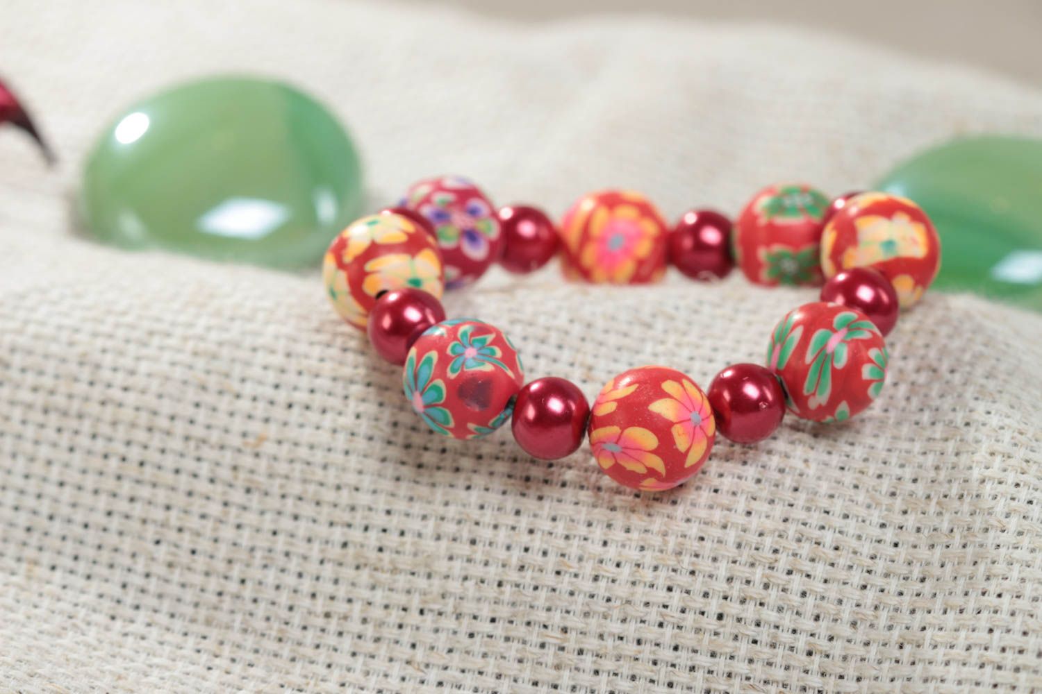 Handmade red polymer clay wrist bracelet for children beautiful designer jewelry photo 1