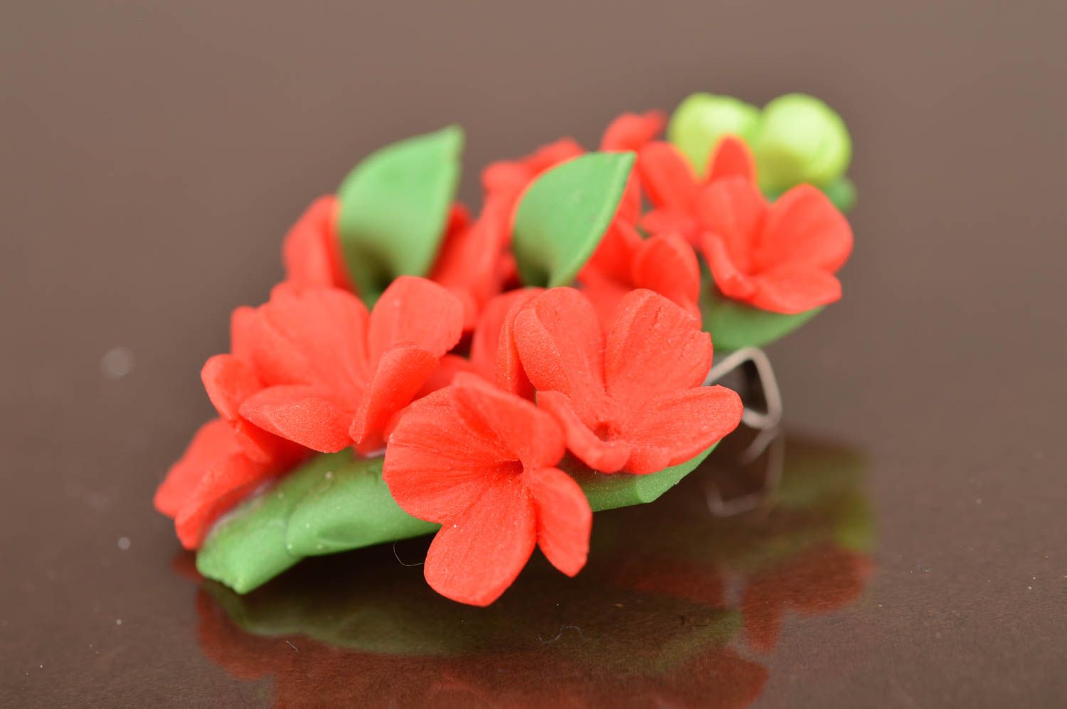 Handmade beautiful cute red flower brooch made of polymer clay Bouquet  photo 5