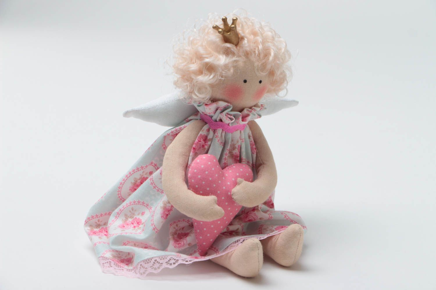 Fabric angel doll with heart beautiful little soft handmade decorative toy  photo 2