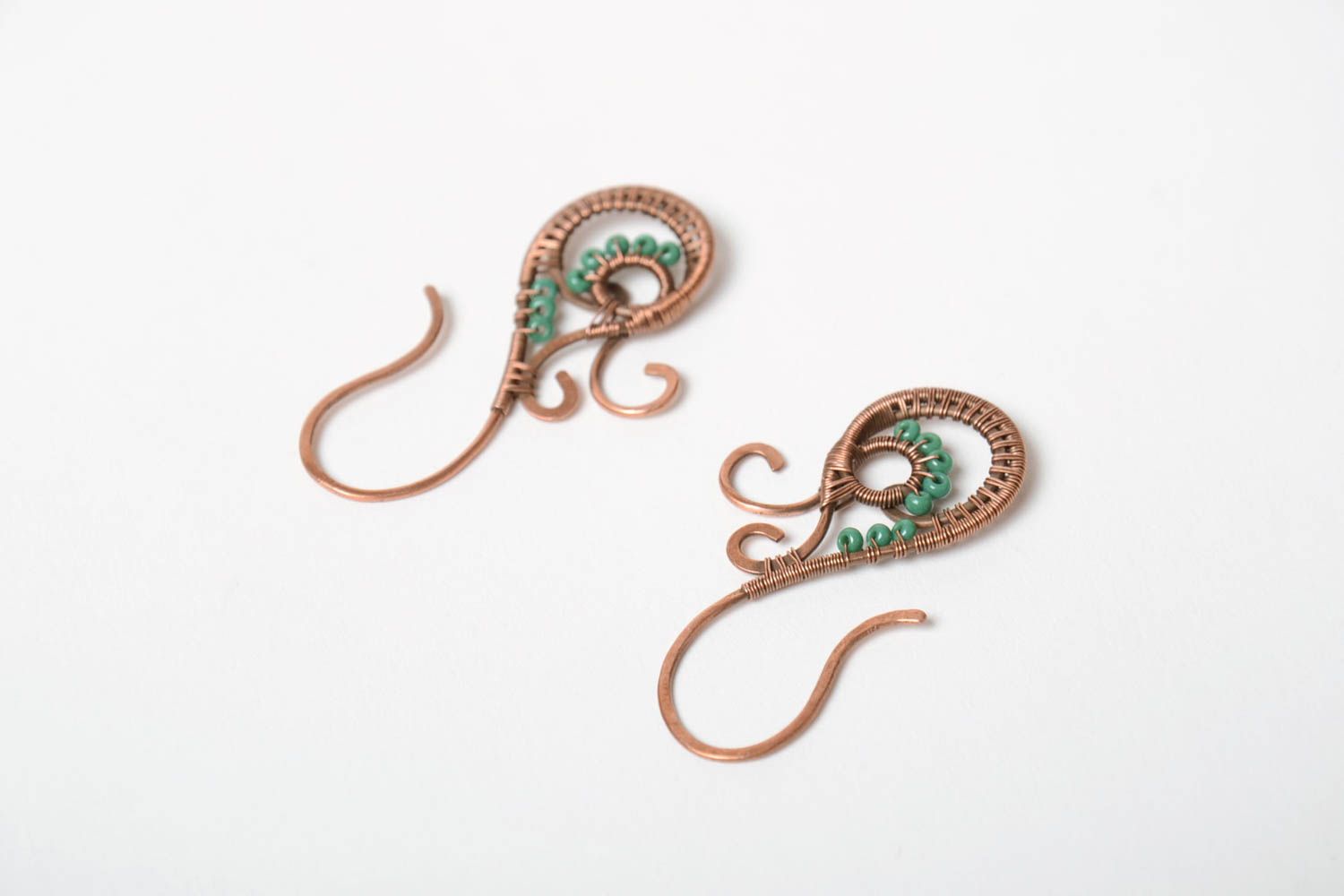 Small handmade wire wrap copper earrings with beads unusual women's jewelry photo 4