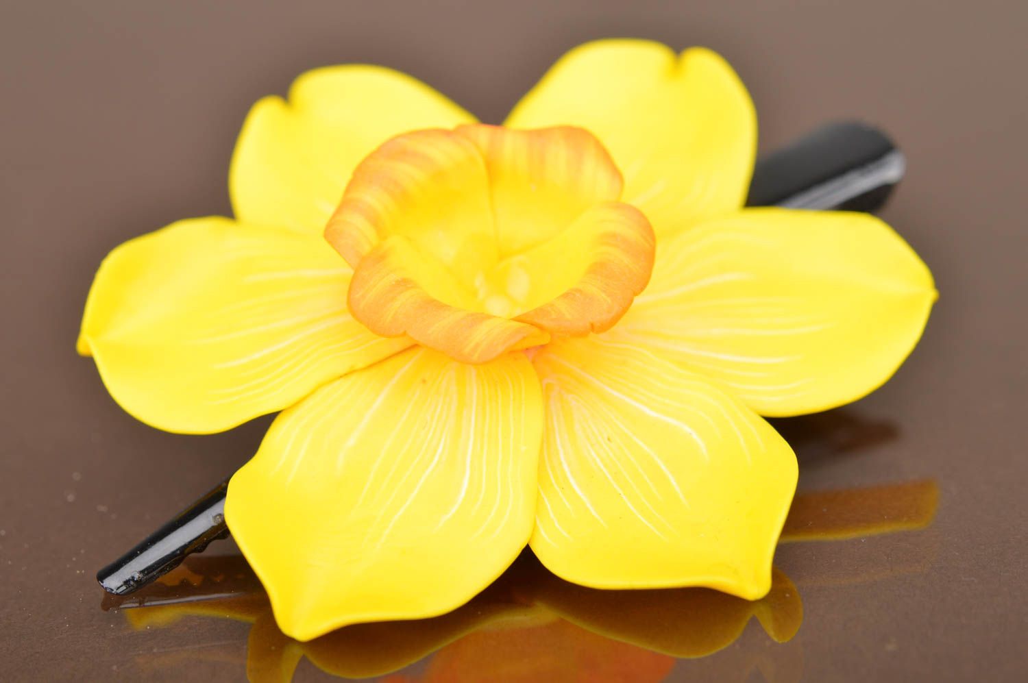 Yellow cute handmade hair clip with flowers made of polymer clay Narcissus photo 2