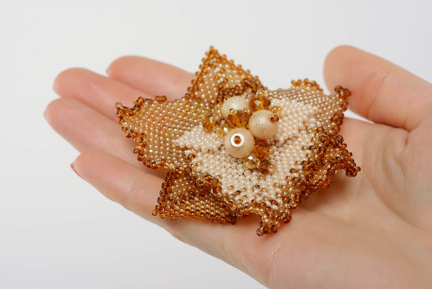 Brown handmade beaded brooch Flower stylish summer accessory for jacket photo 4