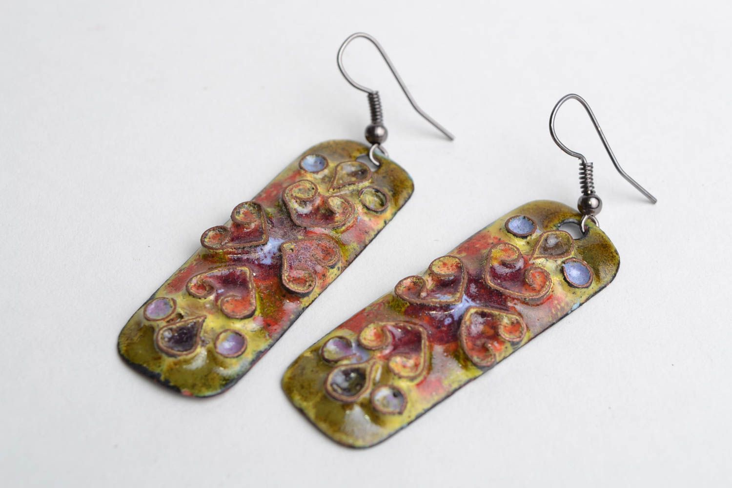 Handmade rectangular dangling enameled copper earrings with relief ornament  photo 3