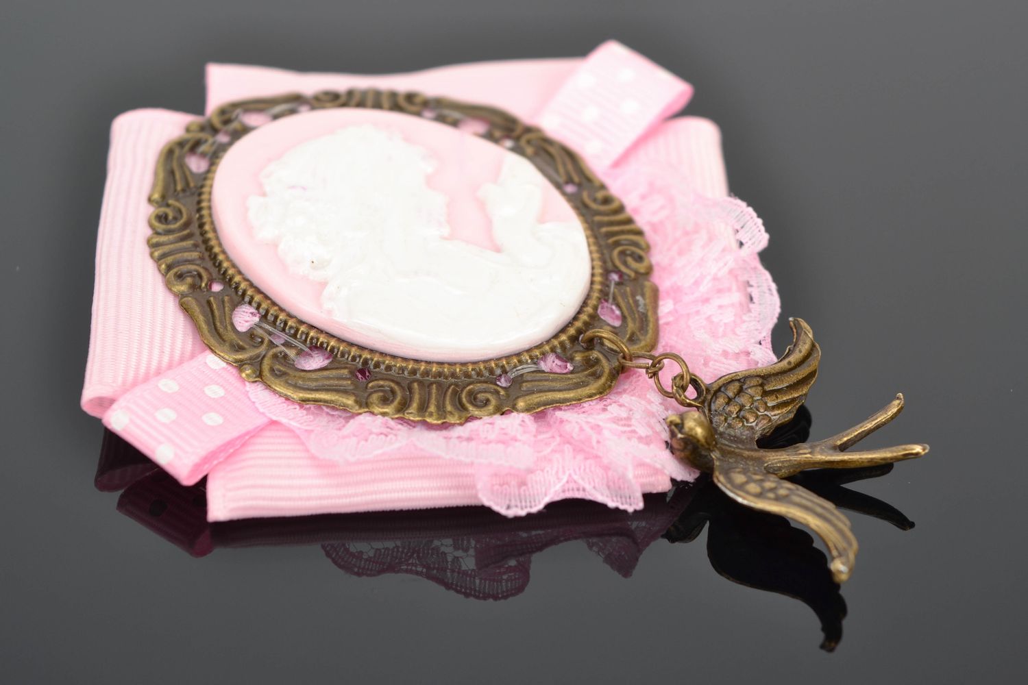 Polymer clay cameo brooch with ribbon and lace photo 1