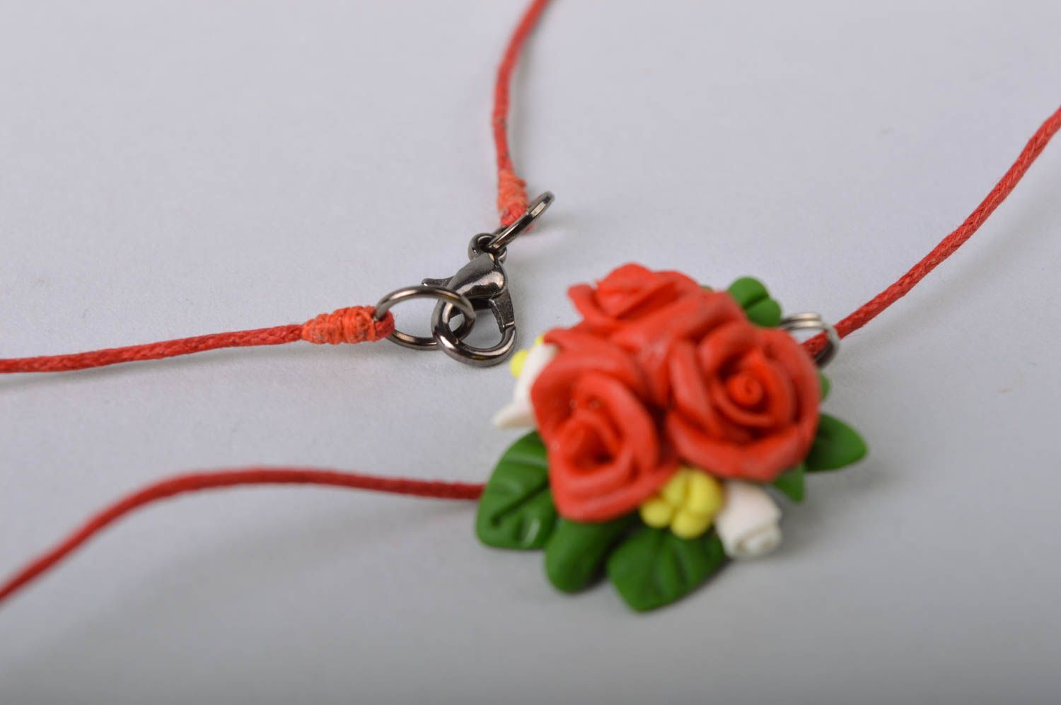 Handmade small floral cold porcelain pendant necklace red roses on cord photo 4