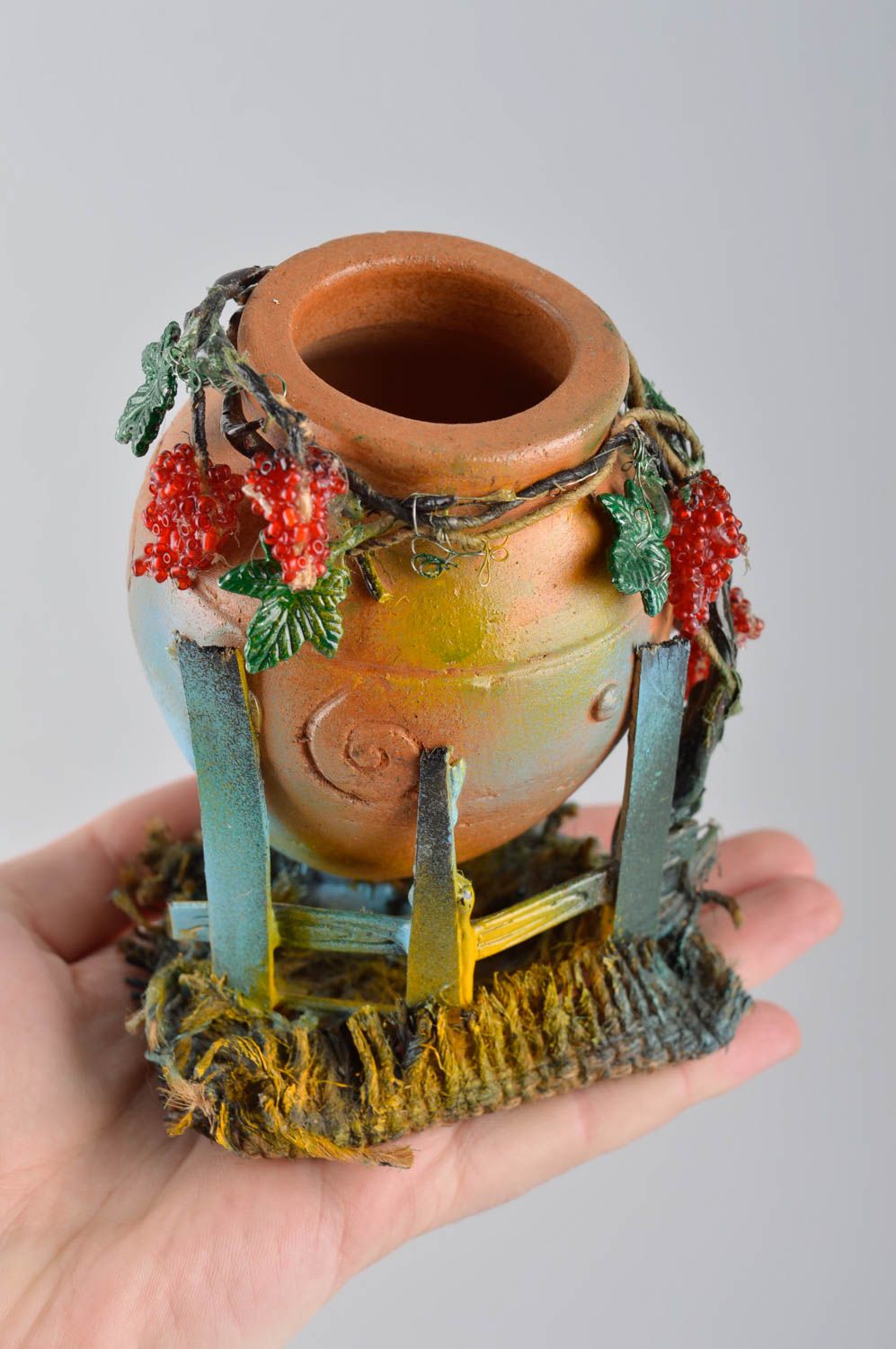 Глиняный кувшин ручной работы емкость для питья стакан для вина с росписью фото 5
