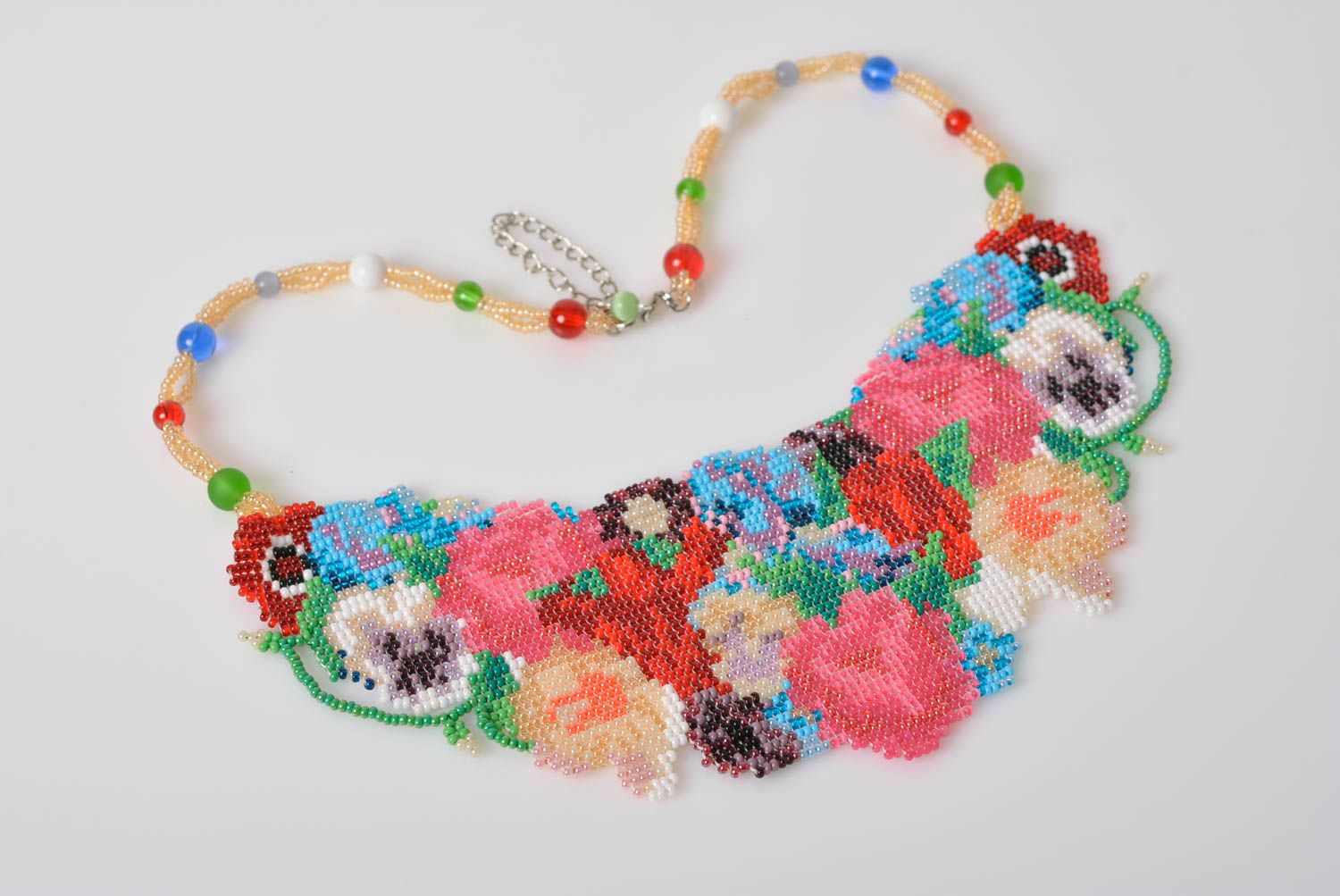 Handmade designer colorful tender bead woven necklace with floral pattern photo 1