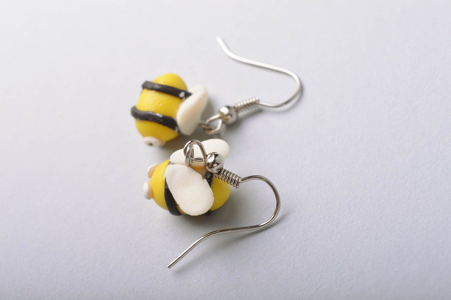 Handmade funny small dangle earrings with cold porcelain yellow bees photo 5