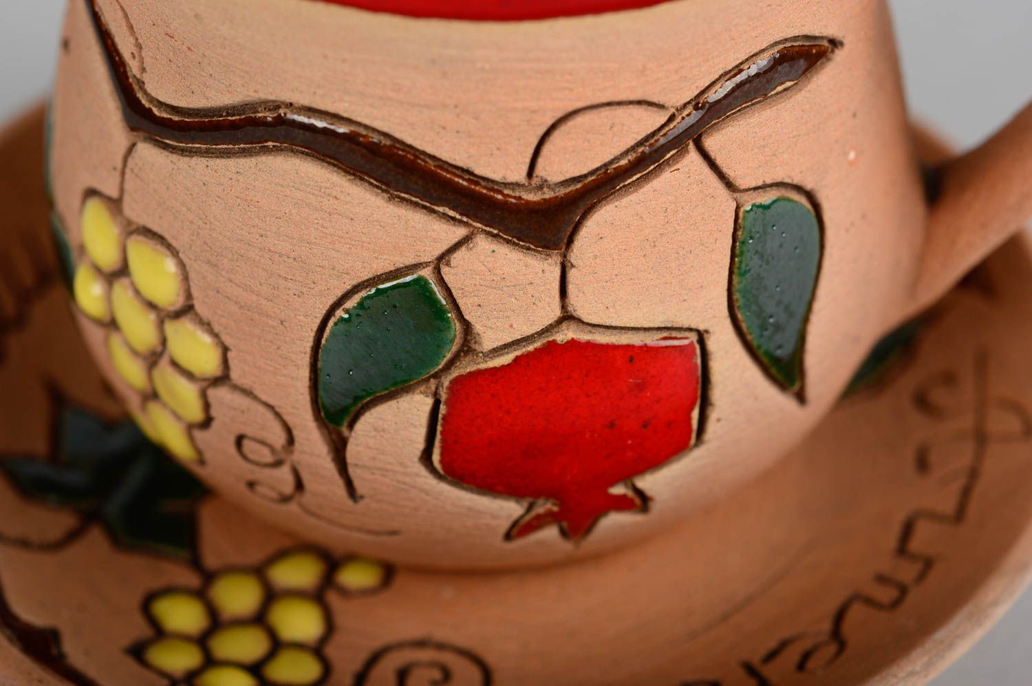 Handmade Tasse mit Untertasse Keramik Geschirr Schöne Kaffeetasse Granatapfel foto 2