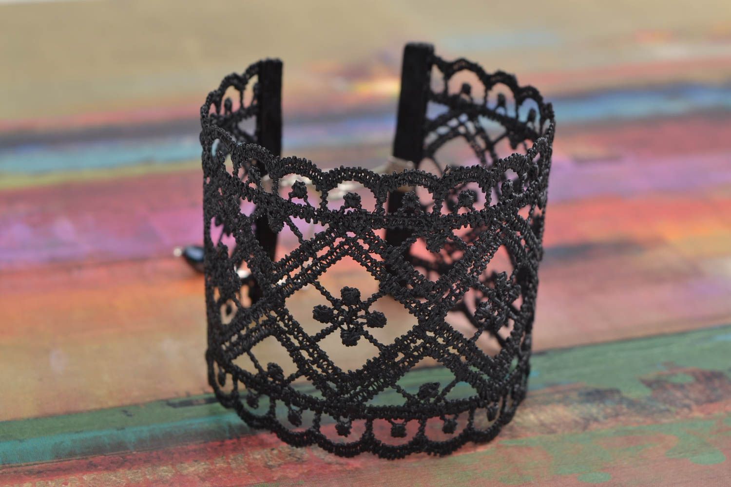Beautiful handmade evening wide lace bracelet of black color photo 1