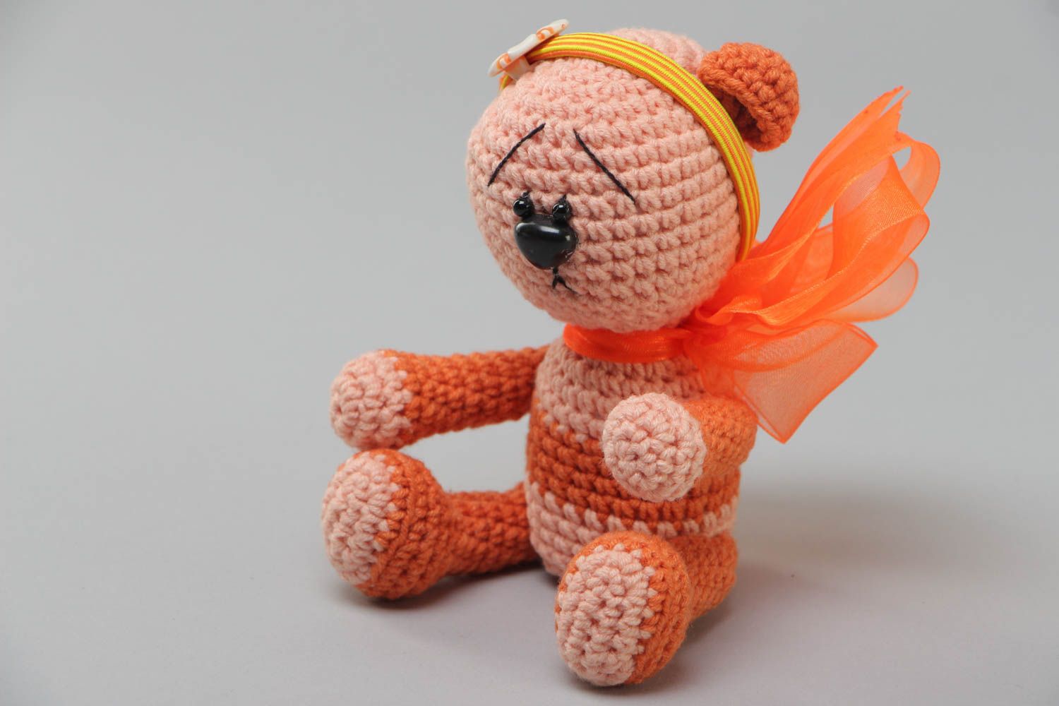 Jouet mou Ourson tricoté de fils acryliques au crochet petit orange fait main photo 2