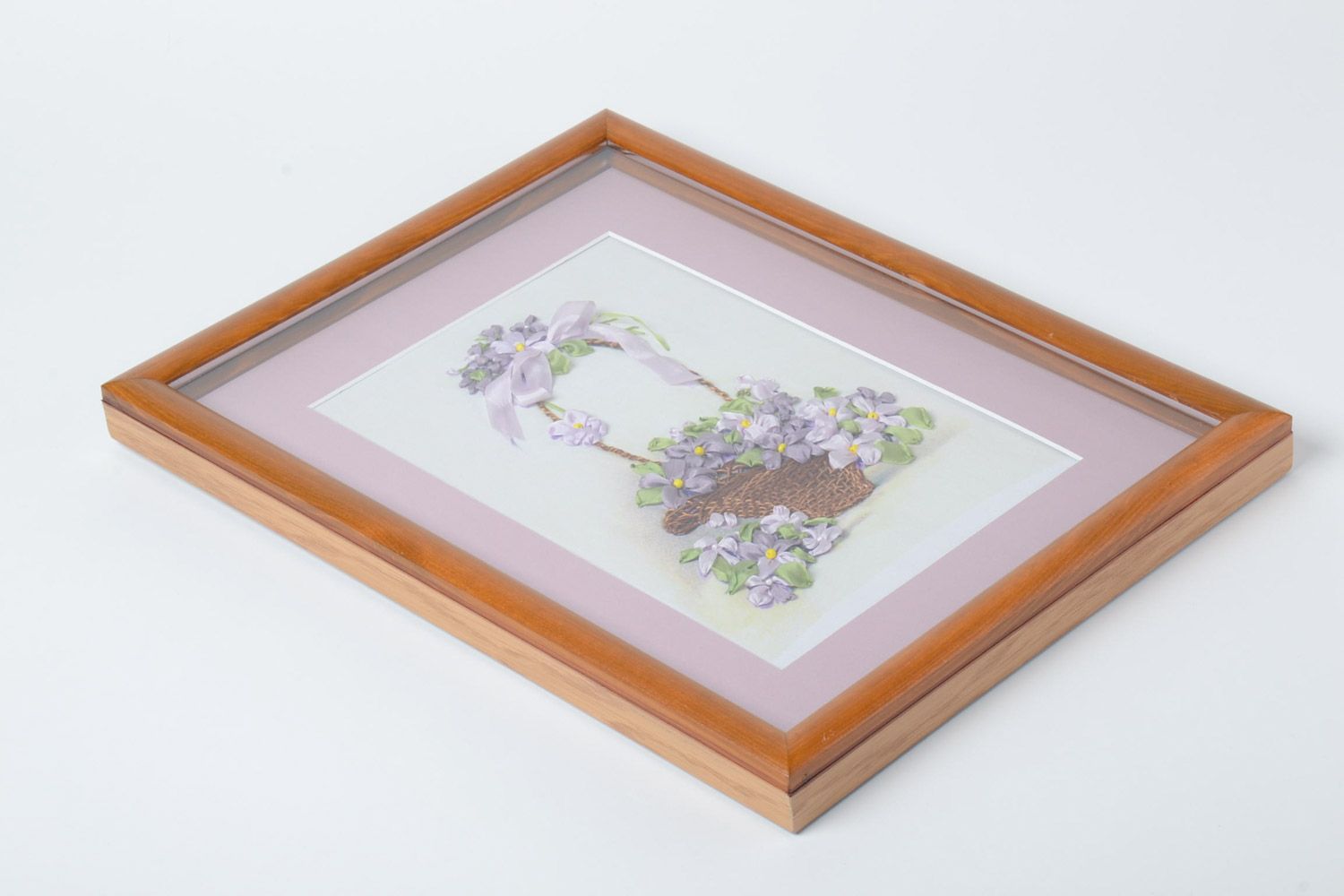 Beautiful light handmade ribbon embroidery in wooden frame photo 2