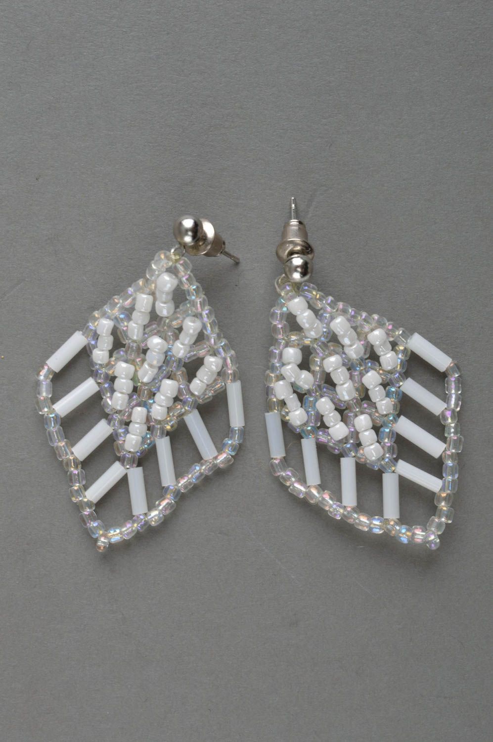 Beautiful white handmade beaded earrings woven earrings with beads gift ideas  photo 2