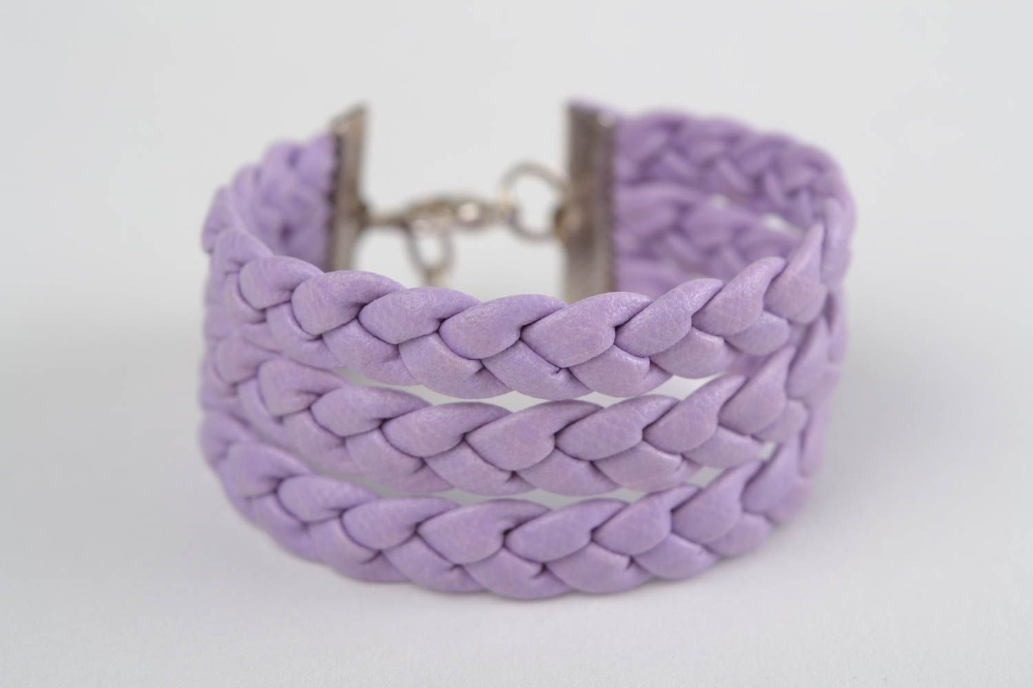 Handmade beautiful designer faux leather wrist bracelet of lilac color wide photo 3