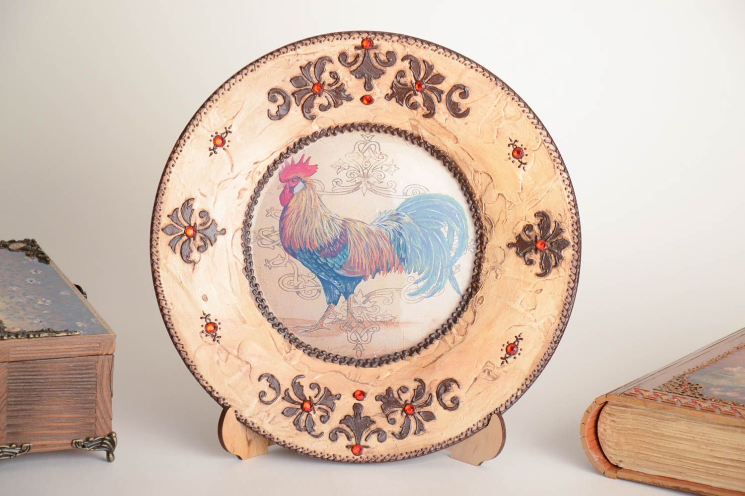 Large handmade decoupage glass plate for decor Rooster photo 1