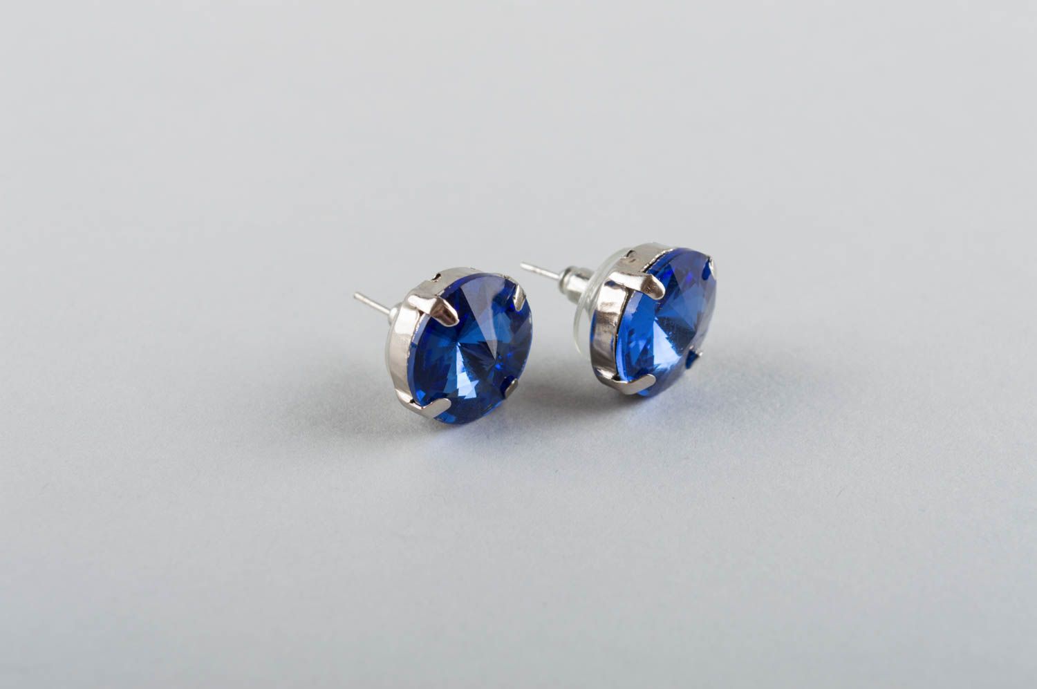 Handmade brass earrings stylish stud earrings blue rhinestones metal jewelry photo 3