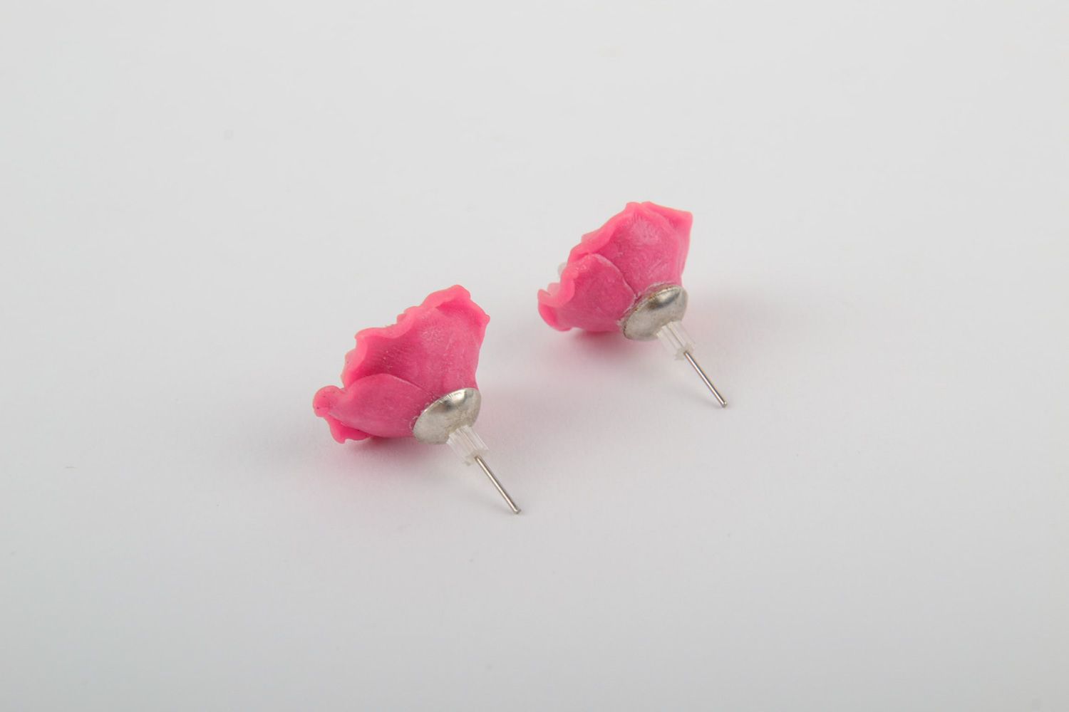 Handmade polymer clay stud earrings in the shape of tender pink rose buds  photo 4