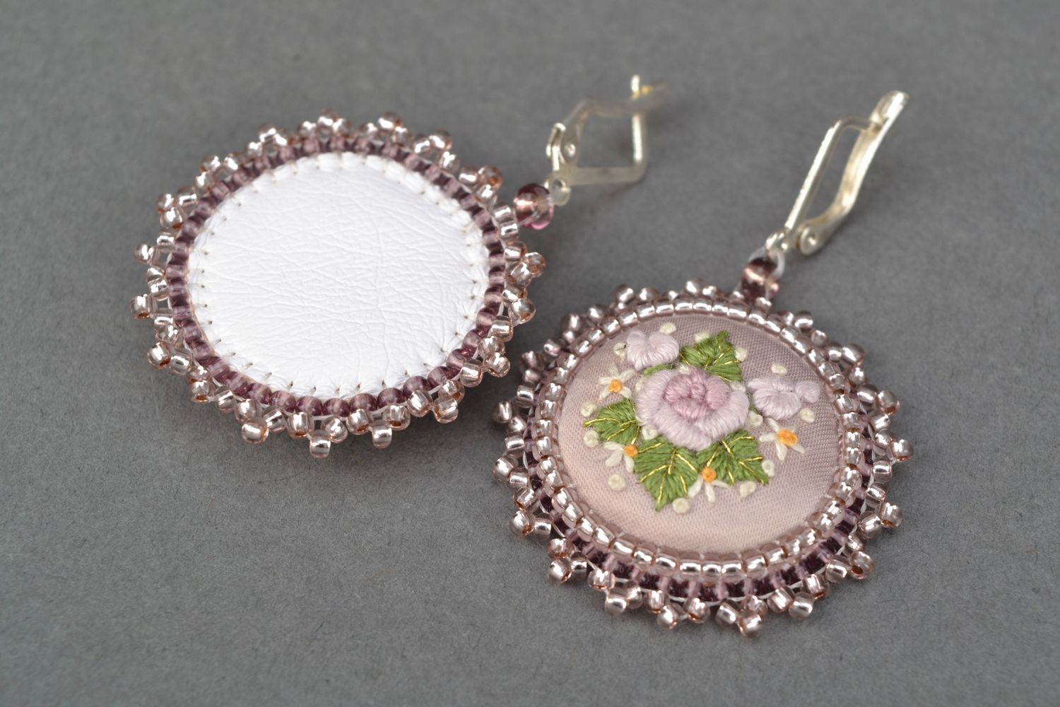Round handmade earrings with embroidery  photo 3