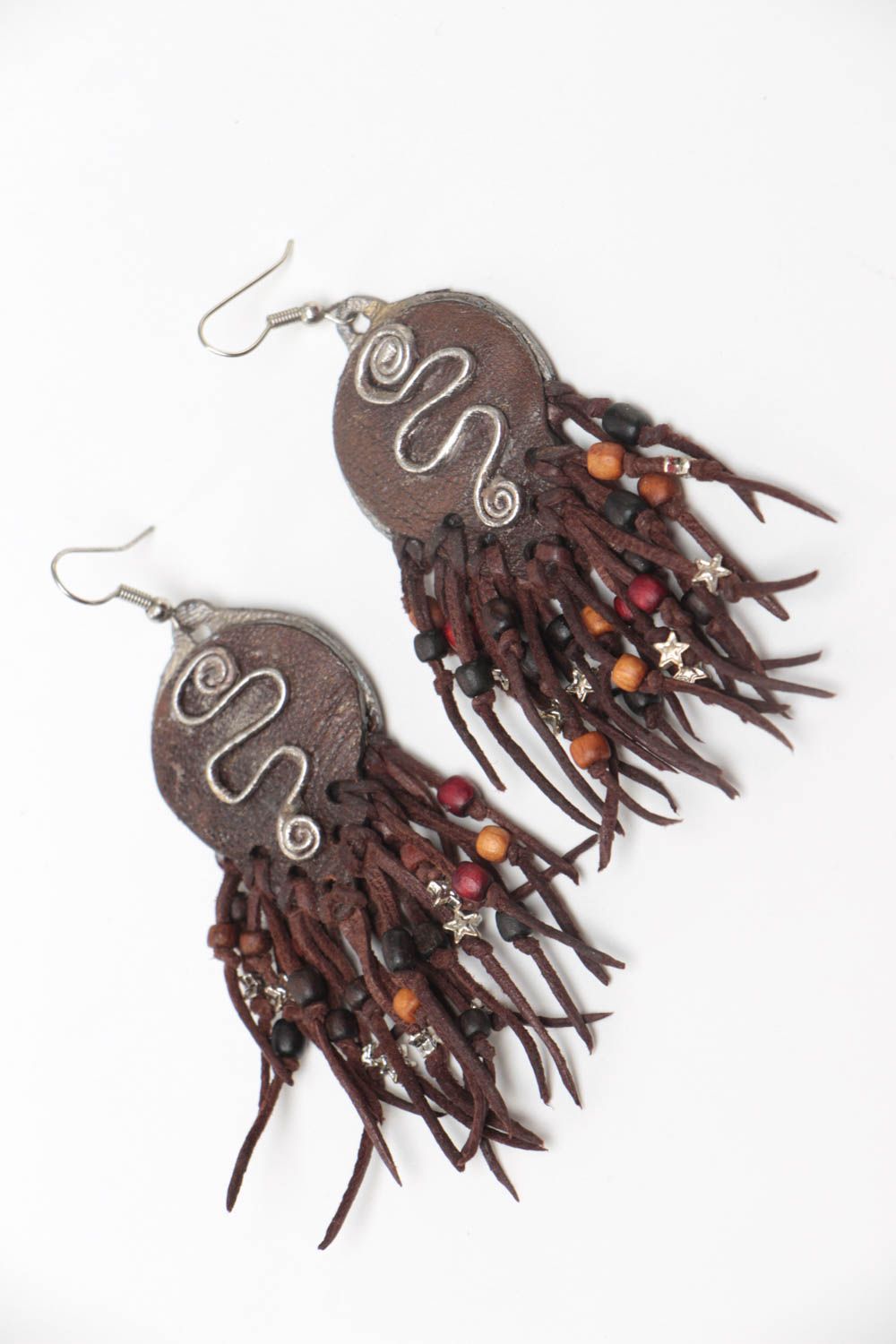 Handmade designer large long genuine leather earrings with wooden elements photo 2