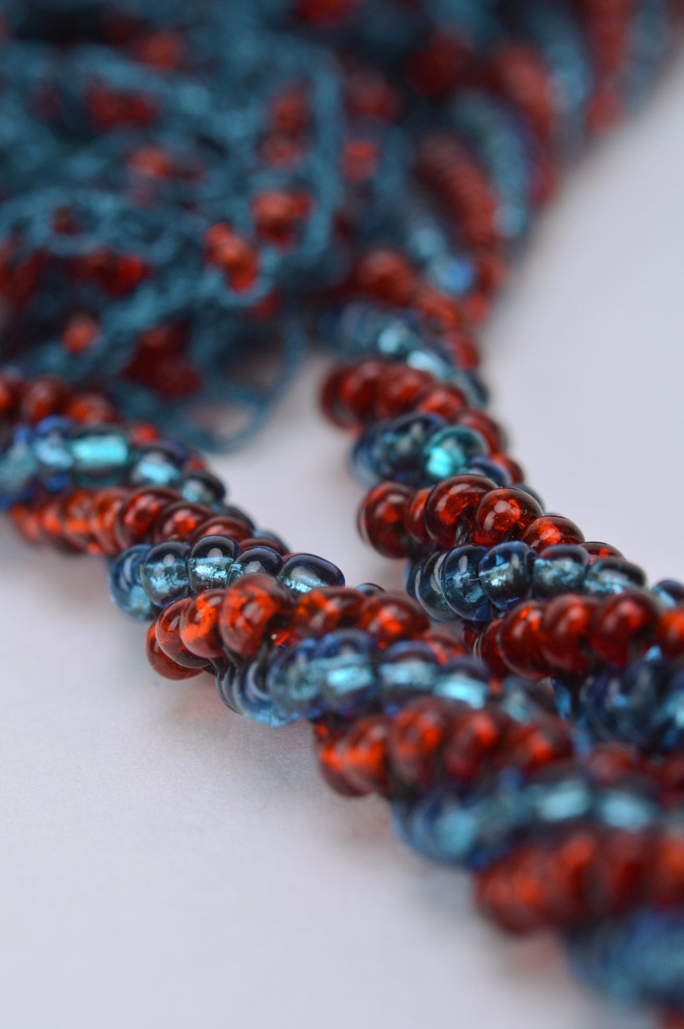 Handmade festive multi row necklace woven of beads and blue coral for women photo 4
