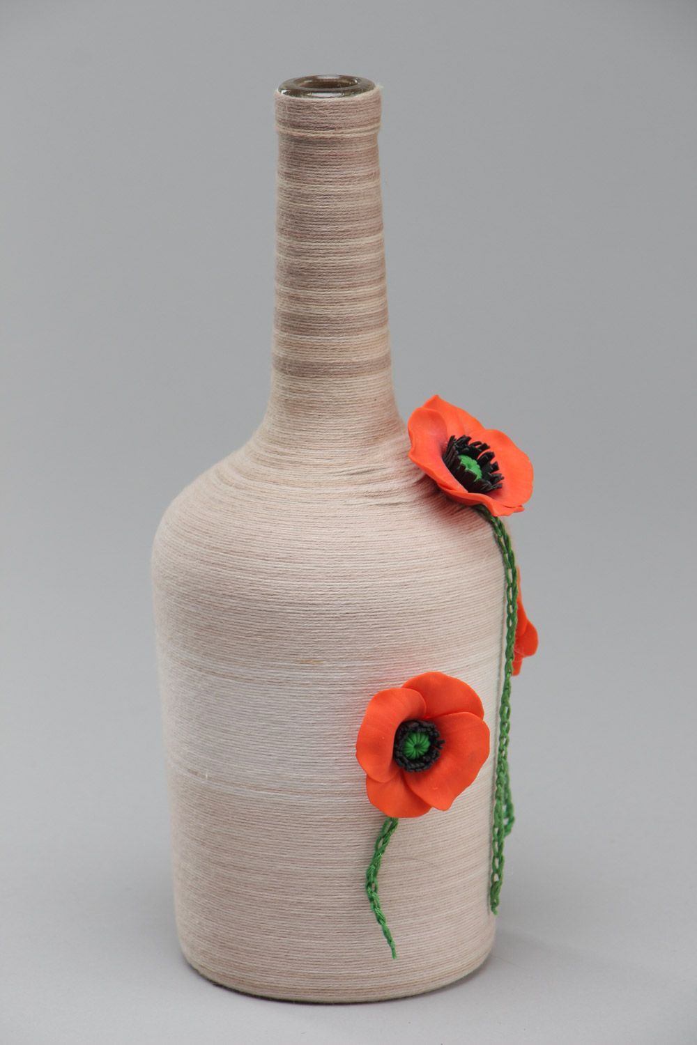 Handgemachte umwickelte Flasche dekorativ mit Mohnblumen aus Polymerton 700 ml für Interieur foto 2