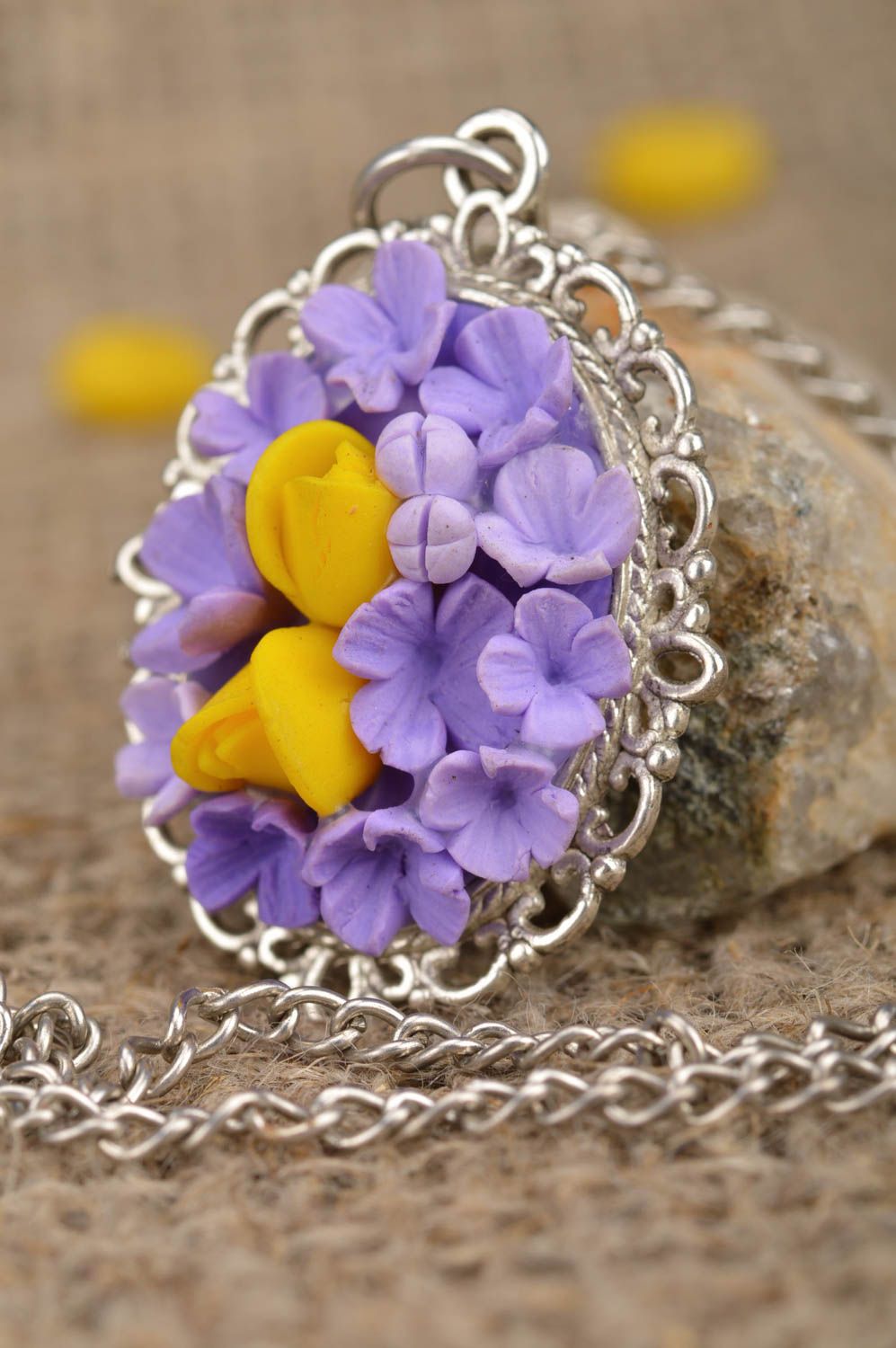 Beautiful handmade gentle lilac flower pendant molded of polymer clay photo 1