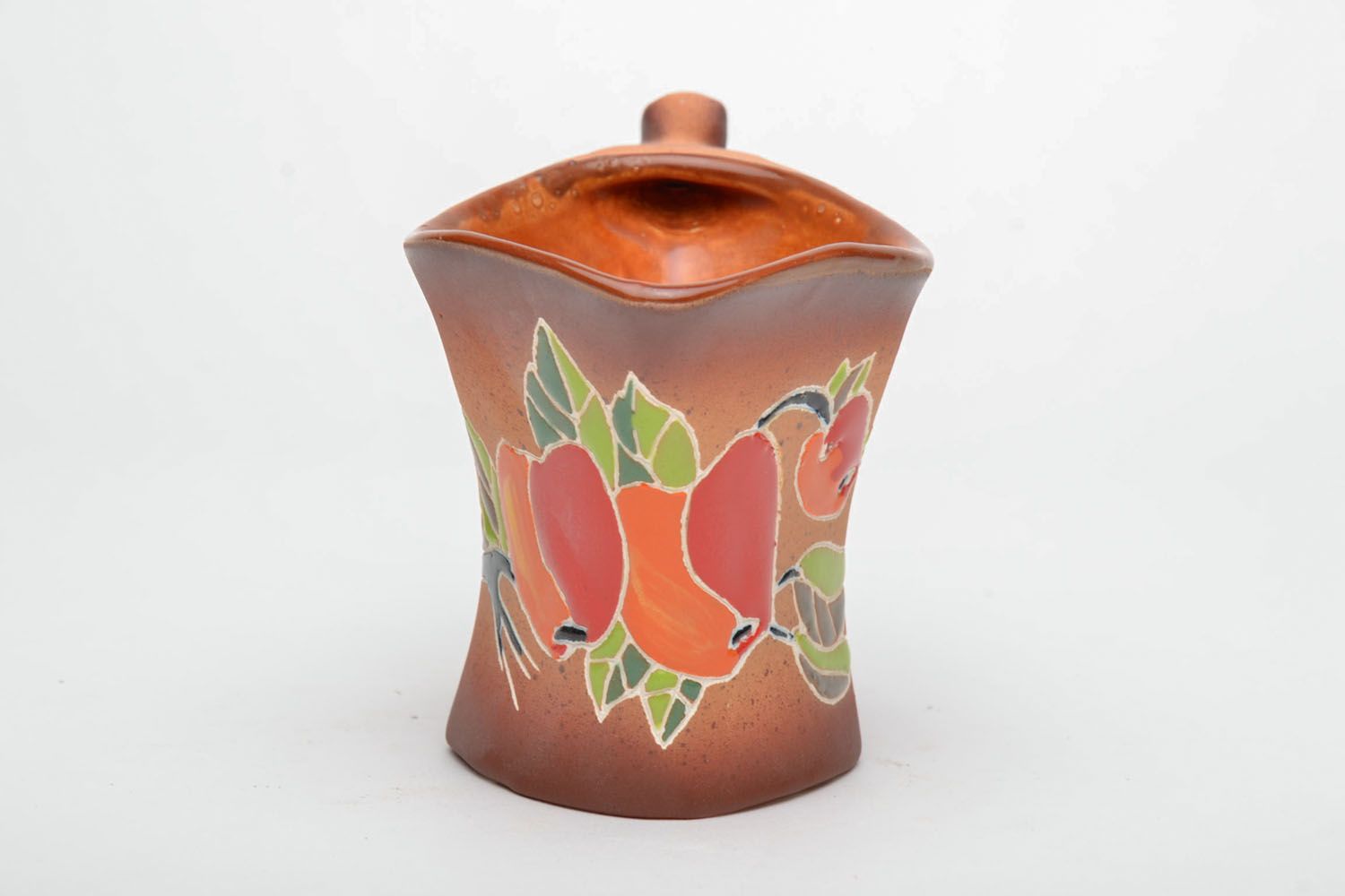 Clay glazed ceramic handmade coffee mug with handle and apple pattern 0,63 lb photo 3