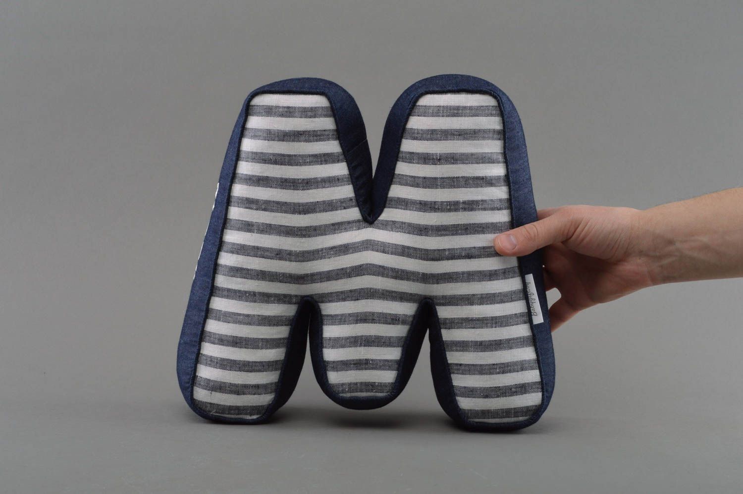 Homemade designer decorative soft toy blue and striped letter M for interior photo 4