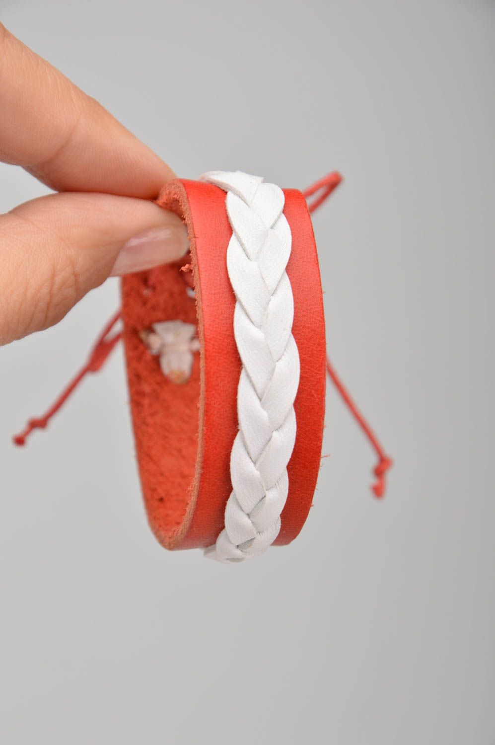 Handmade designer red leather bracelet with white leather braid for women photo 5