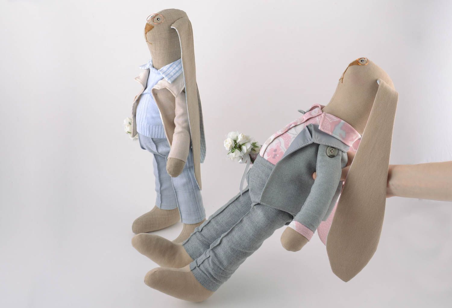 Set of 2 handmade linen fabric soft toys rabbits boys friends in suits photo 2