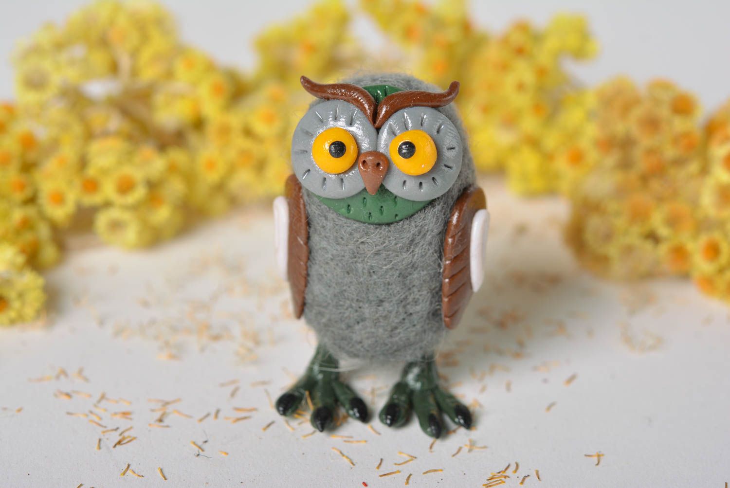 Woolen handmade grey owl unusual designer statuette cute tiny figurine photo 1