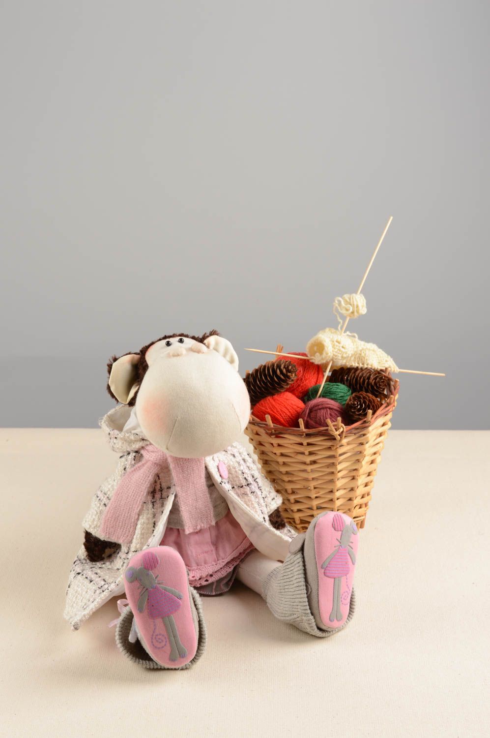 Handmade designer soft toy sewn of linen fabric stylish monkey in coat photo 1