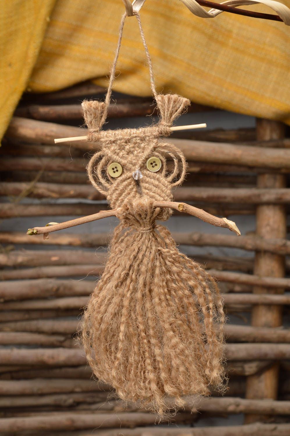 Designer cute handmade picture woven of twine owl macrame decor for wall photo 1