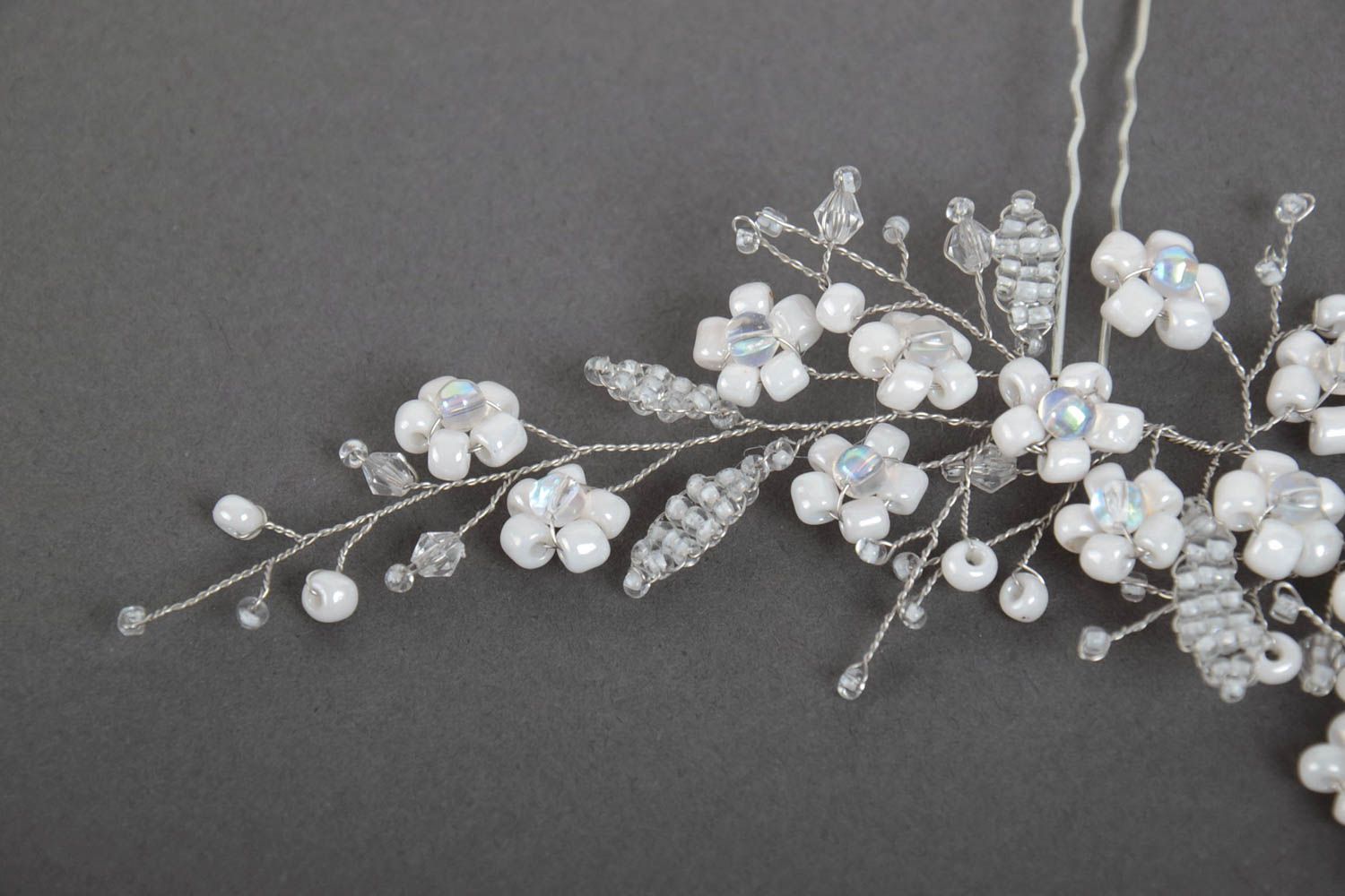 Handmade designer hair accessory with white beaded flowers with hair pins photo 3