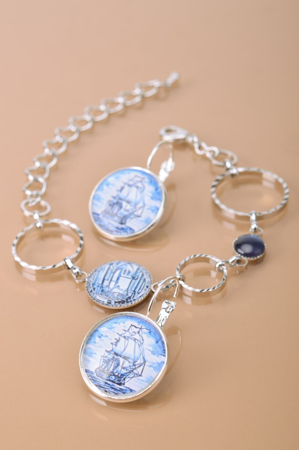 Handmade set of metal jewelry earrings and bracelet with print in nautical style photo 4