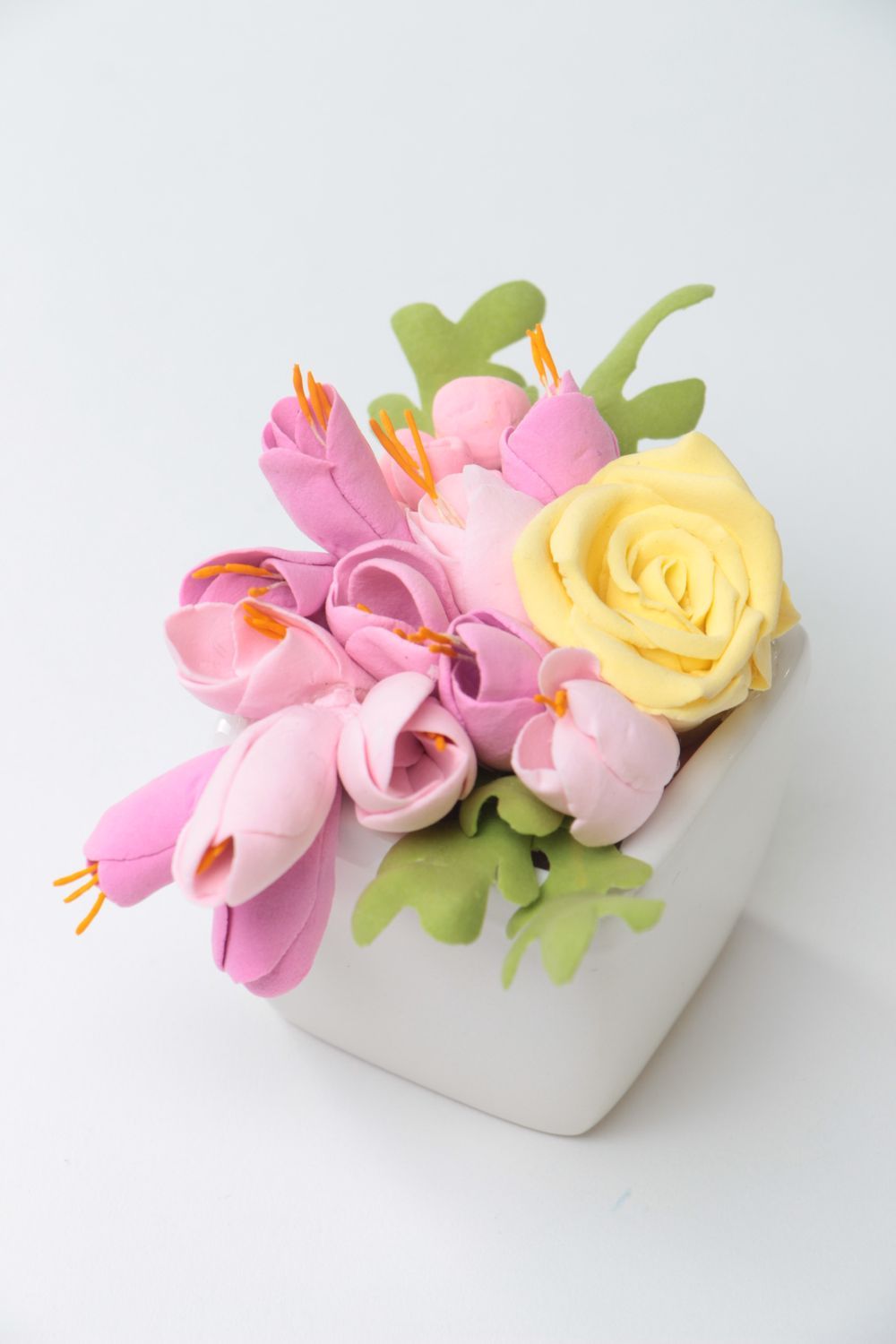 Beautiful handmade pink polymer clay flowers in pot interior composition photo 2