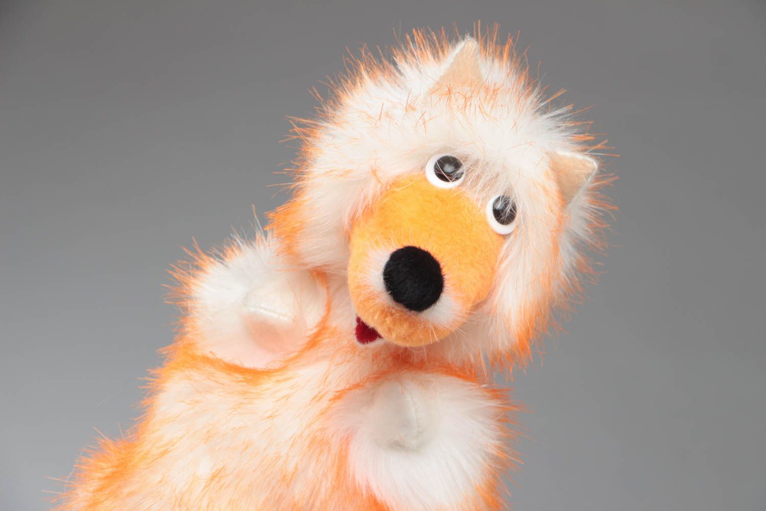 Peluche gant marionnette renard roux en fourrure artificielle faite main photo 3