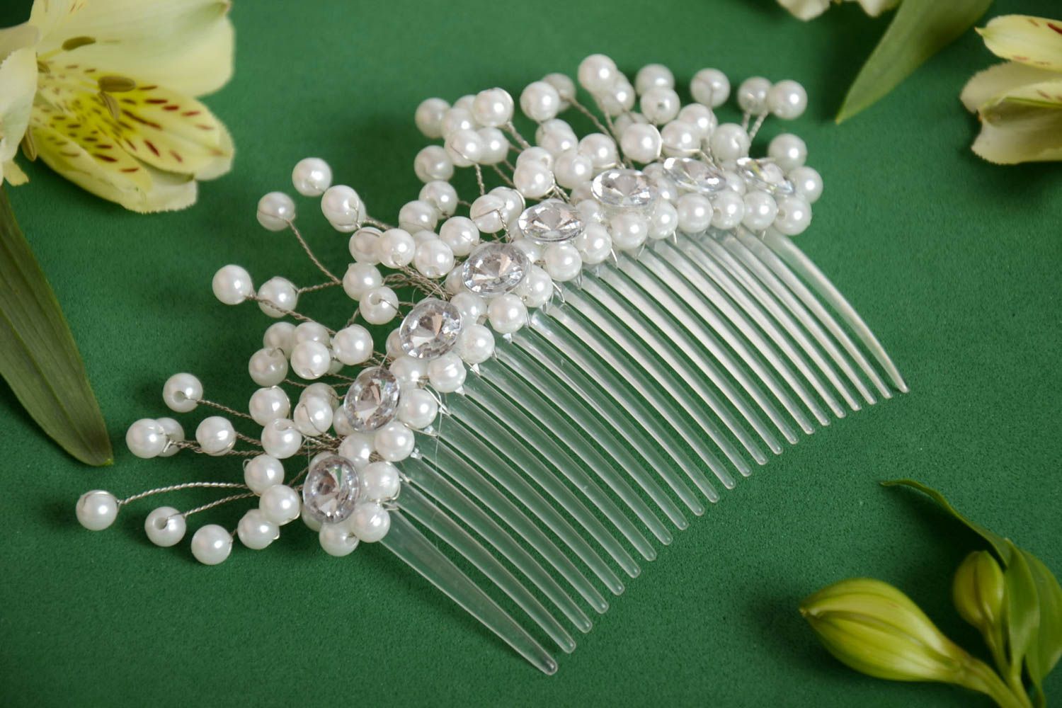 Beautiful handmade white plastic hair comb with beads and flowers photo 1