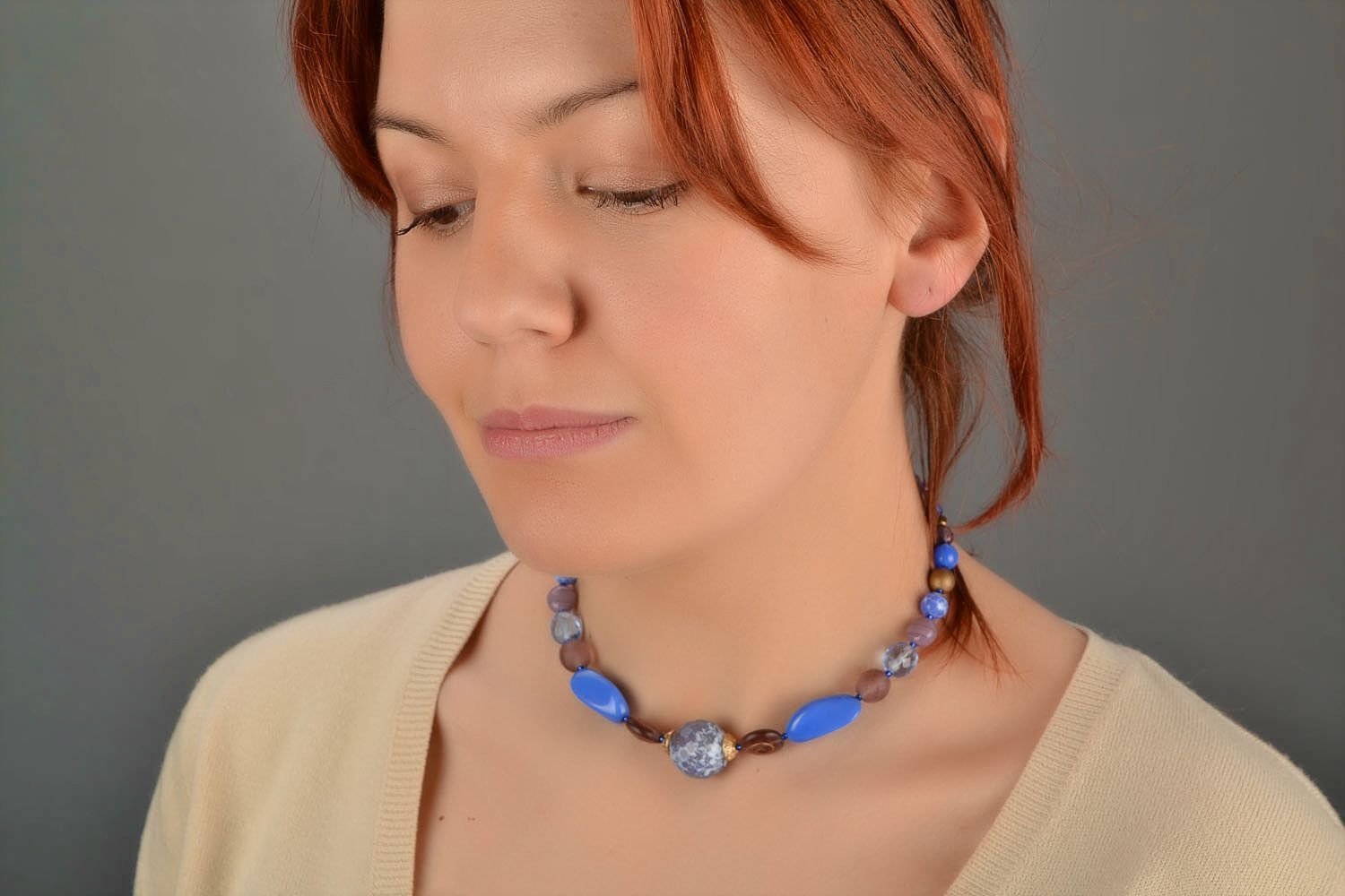 Unusual handmade designer necklace with natural stone and glass beads Provence photo 1
