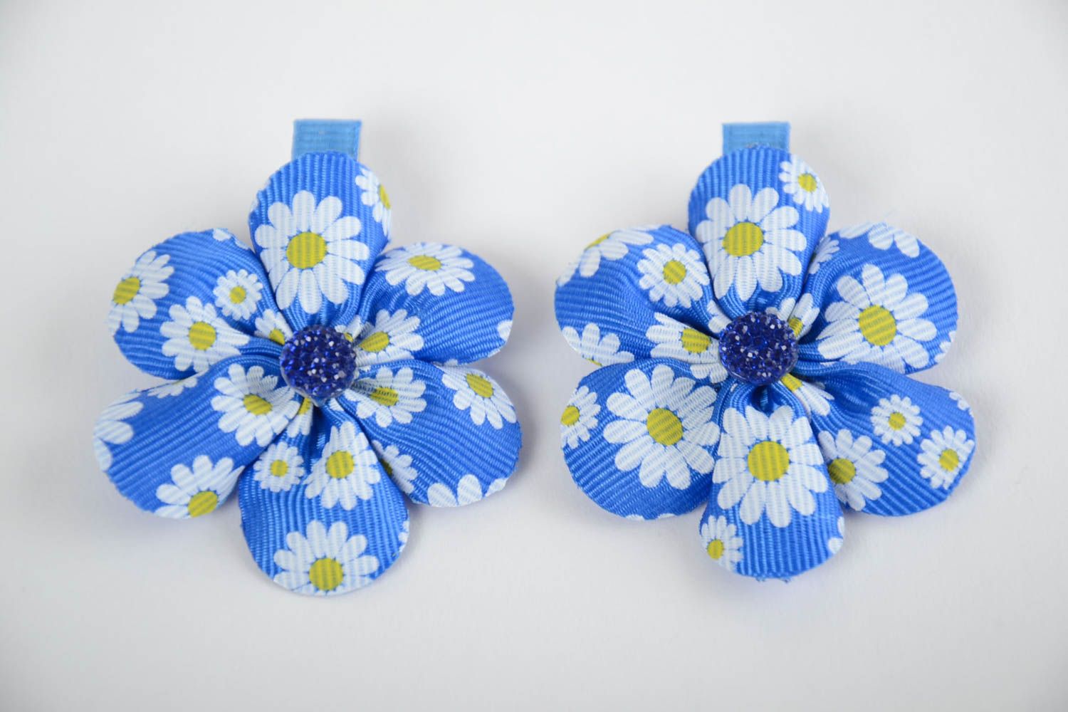 Children's handmade designer blue rep ribbon flower hair clips set 2 pieces photo 2