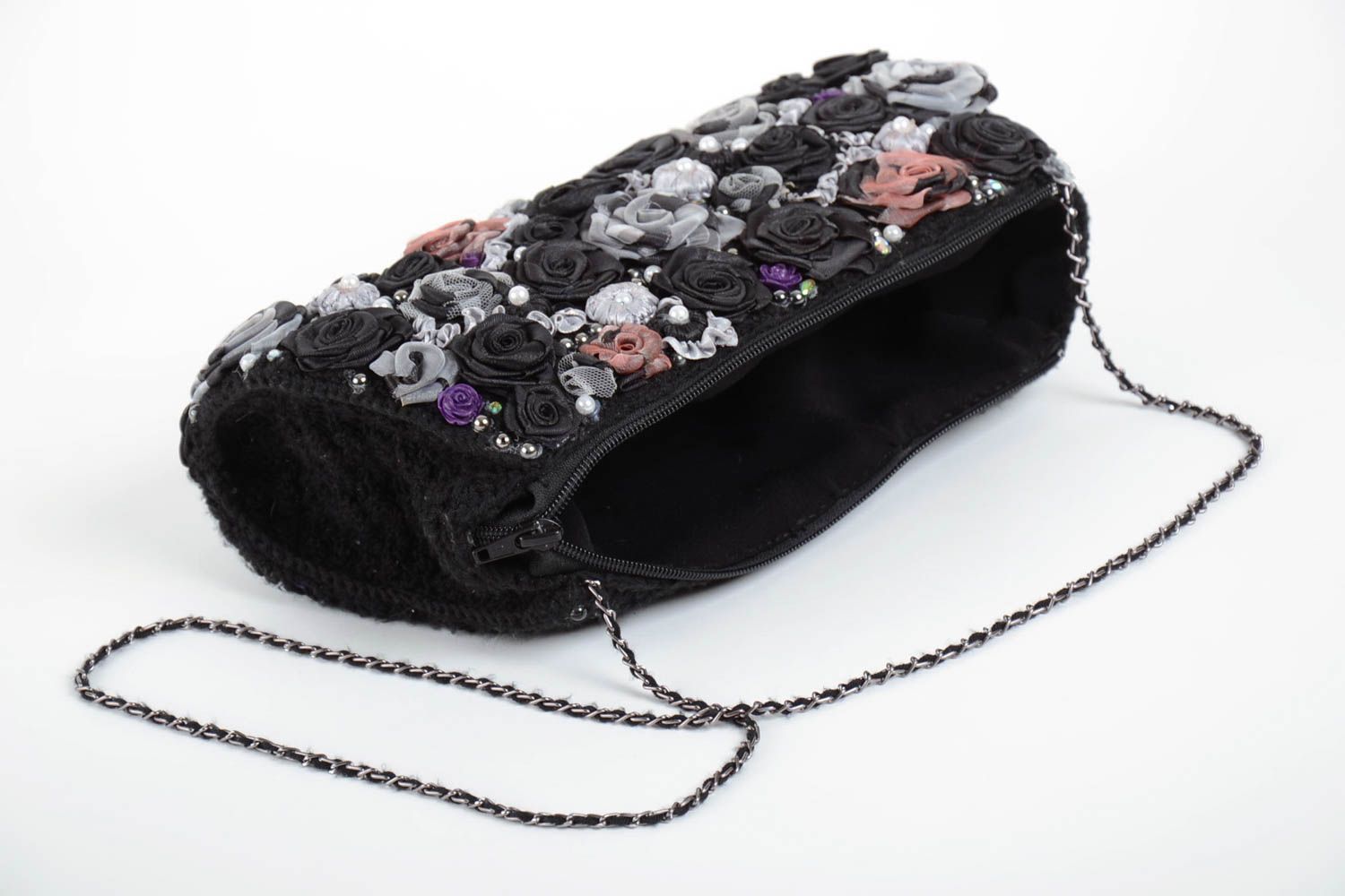 Handmade small designer crocheted black clutch bag with satin ribbon flowers photo 2