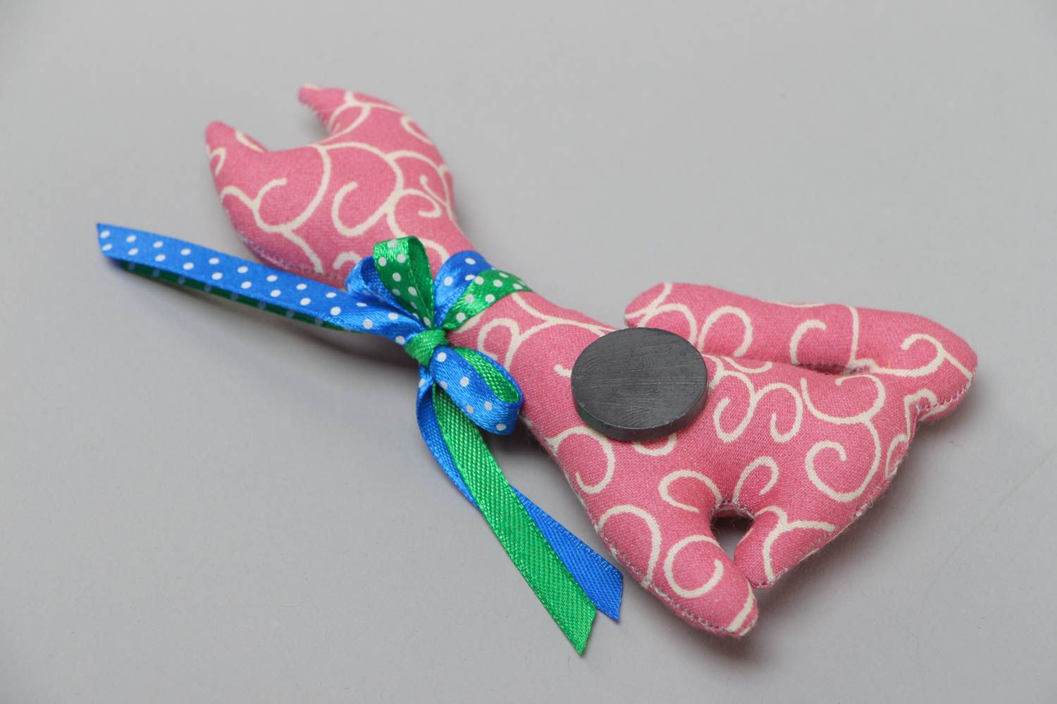 Handmade soft toy fridge magnet sewn of cotton fabric in the shape of pink cat photo 4