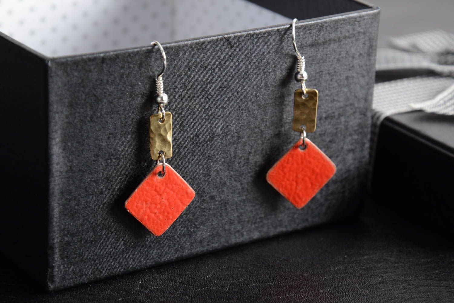 Handmade copper red earrings with charms decorated with hot enamel painting photo 1