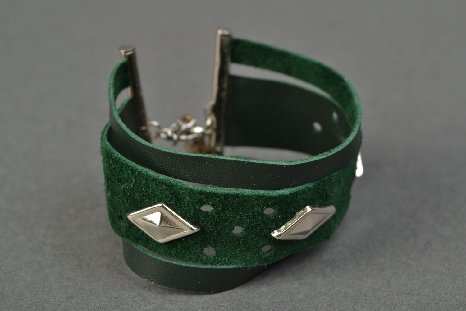 Genuine leather and suede bracelet with metal inserts photo 3